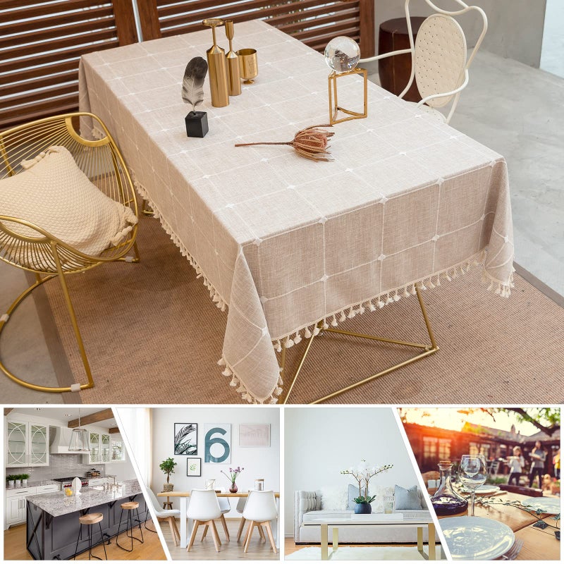 DEEPDREAM Deep Dream Tablecloths, Embroidered Waterproof Table Cloth Cotton Linen Wrinkle Free Anti-Fading Table Cover Decoration for Kitchen Dinning Party Christmas, 55 x 86 Inch - Light Brown - Image 4